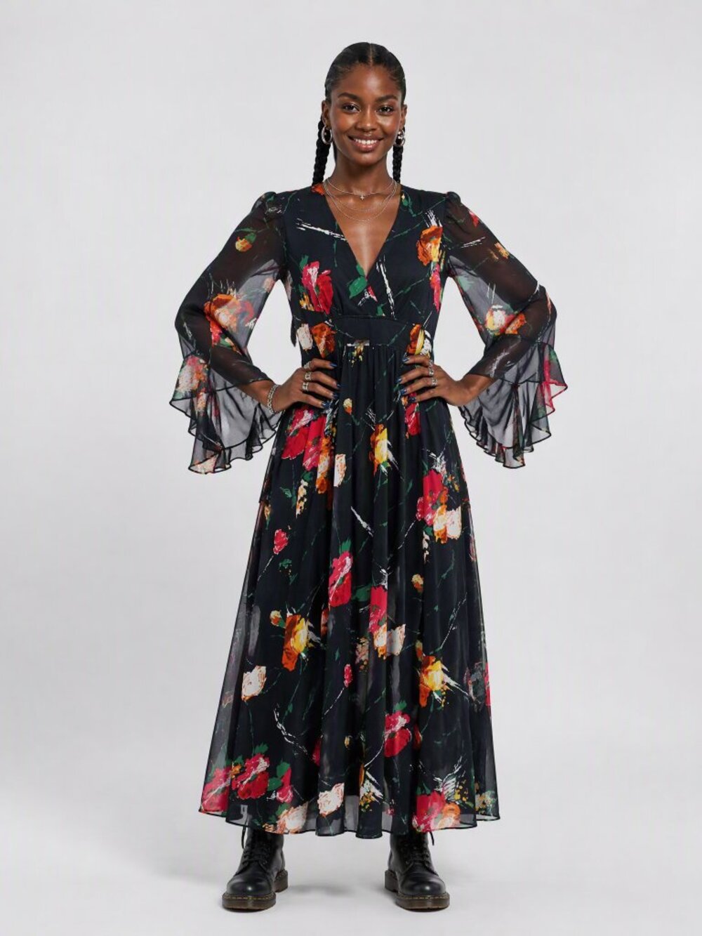 Vintage 70's Black w/ red orange floral Maxi Dress Sheer  sleeves M 36" bust